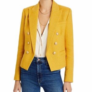 NEW L’AGENCE Brooke Double-Breasted Crop Tweed Blazer in Citrine/Gold